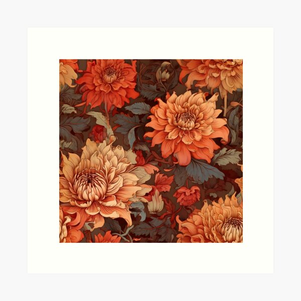 Aperçu de l'œuvre Dahlias floraux et fleuris baroques aux tons terreux créée et vendue par Designbes.