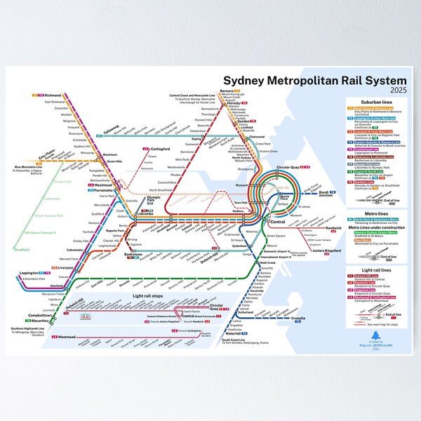 Item preview, Sydney Trains and Metro Map - 2025 (Light theme) designed and sold by CrossingLights.