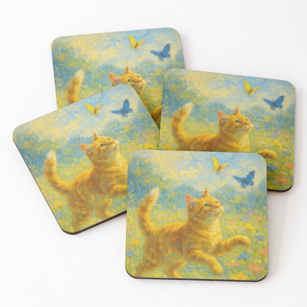 Item preview, Butterfly Chase – Ginger Cat in a Wildflower Meadow designed and sold by LesChatsArt.