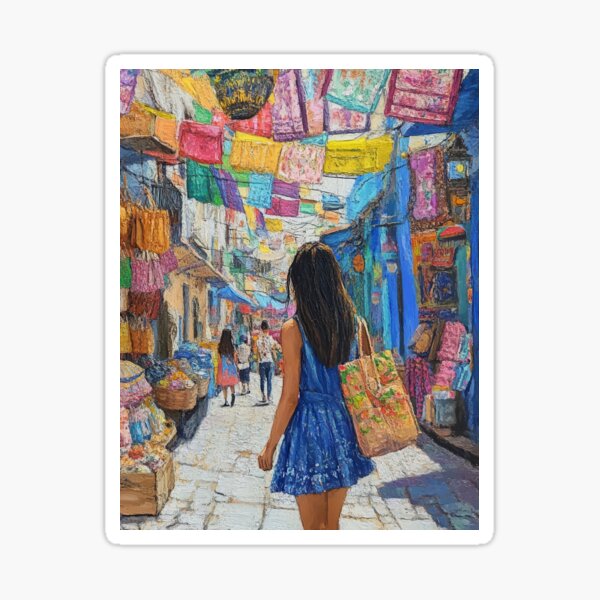 Vista previa del artículo con la obra «Paseo por el Mercado Colorido – Camiseta con Arte de la Vida Callejera Vibrante», diseñado y vendido por AchaRat.