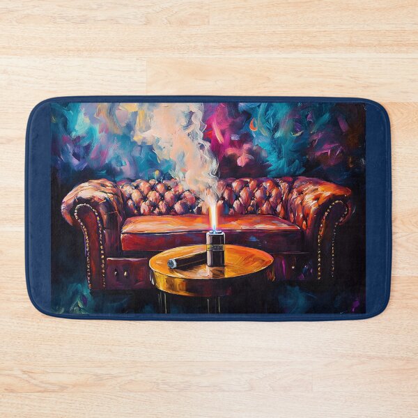 Item preview, Indulge in Luxury - Leather Sofa and Lit Cigar Against Vibrant Abstract Backdrop designed and sold by OlfactoART Studio.