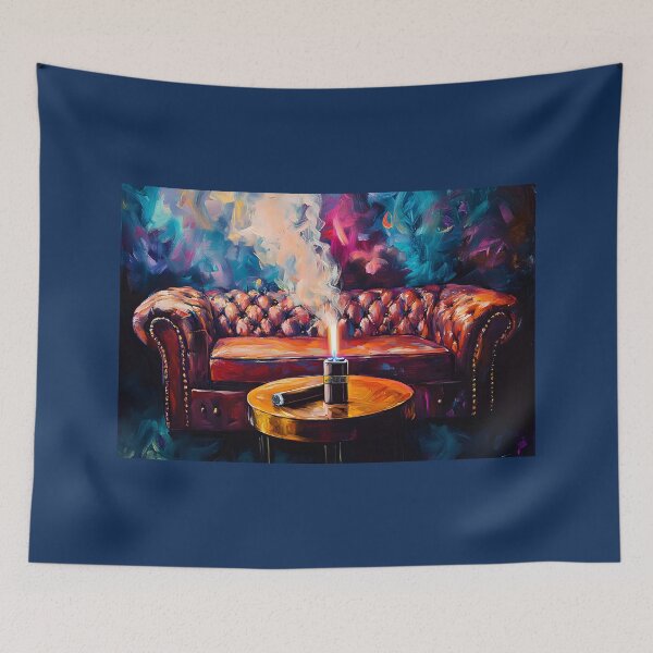 Item preview, Indulge in Luxury - Leather Sofa and Lit Cigar Against Vibrant Abstract Backdrop designed and sold by OlfactoART Studio.