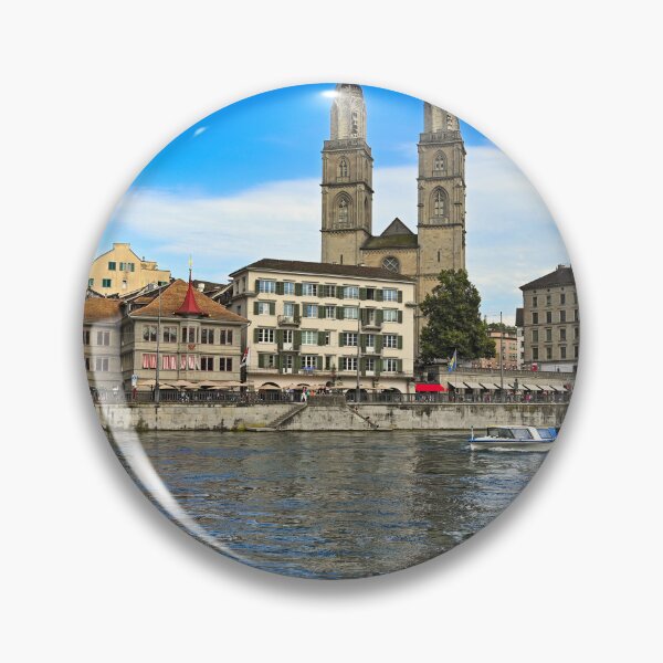 Item preview, Historic Zurich city center with Grossmunster churh and a tourist boat sails on the river Limmat, Switzerland designed and sold by goceris.