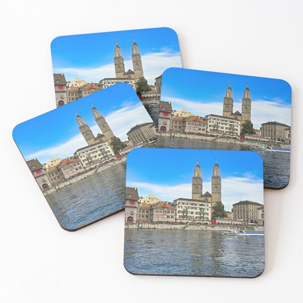 Item preview, Historic Zurich city center with Grossmunster churh and a tourist boat sails on the river Limmat, Switzerland designed and sold by goceris.