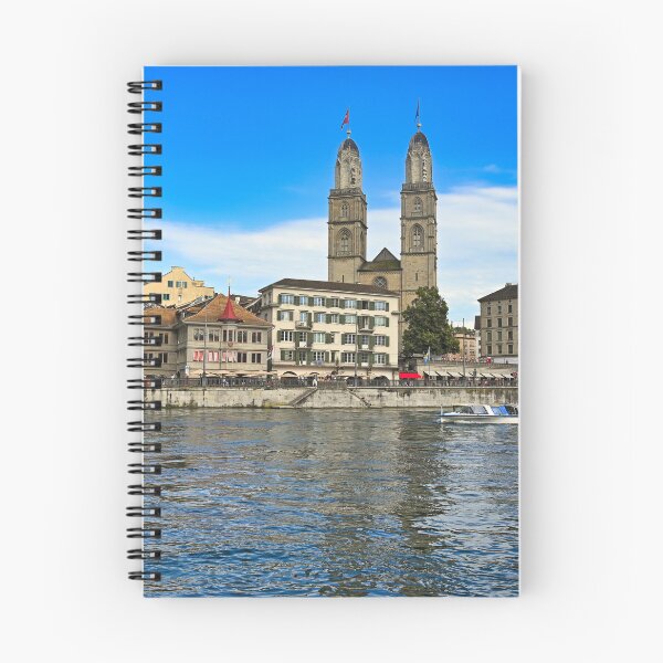 Item preview, Historic Zurich city center with Grossmunster churh and a tourist boat sails on the river Limmat, Switzerland designed and sold by goceris.