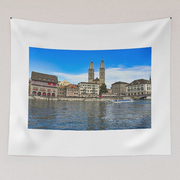 Item preview, Historic Zurich city center with Grossmunster churh and a tourist boat sails on the river Limmat, Switzerland designed and sold by goceris.