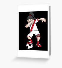 Peru Football Dabbing Soccer Girl With Soccer Ball And National Flag Jersey Futbol Fan Design Greeting Card