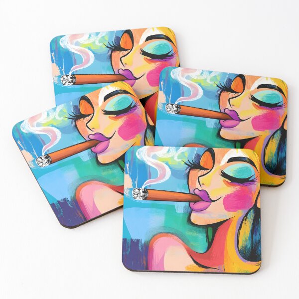 Item preview, Joyful Indulgence - Vibrant Woman Smoking a Cigar in a Dynamic Abstract Scene designed and sold by OlfactoART Studio.