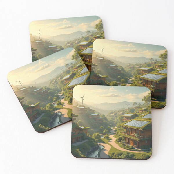 Item preview, Solarpunk Mountain Village At Sunrise designed and sold by RetroFutureShop.