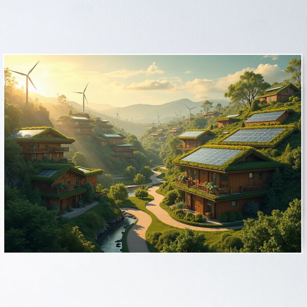 Item preview, Solarpunk Mountain Village At Sunrise designed and sold by RetroFutureShop.