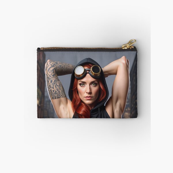 Item preview, Steampunk Girl with her hands behind her head wearing a hoodie on a detailed industrial background designed and sold by Vintage Designs +.