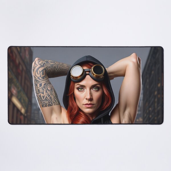Item preview, Steampunk Girl with her hands behind her head wearing a hoodie on a detailed industrial background designed and sold by Vintage Designs +.