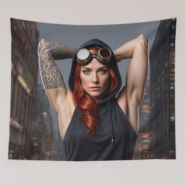 Item preview, Steampunk Girl with her hands behind her head wearing a hoodie on a detailed industrial background designed and sold by Vintage Designs +.