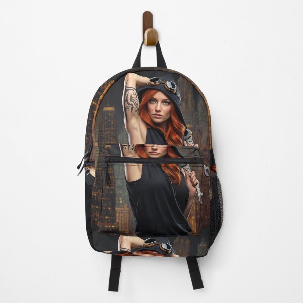 Item preview, Steampunk Girl with her hands behind her head wearing a hoodie on a detailed industrial background designed and sold by Vintage Designs +.