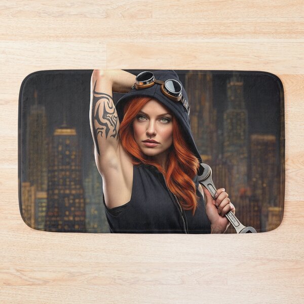 Item preview, Steampunk Girl with her hands behind her head wearing a hoodie on a detailed industrial background designed and sold by Vintage Designs +.
