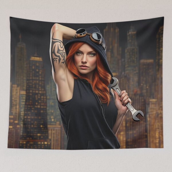 Item preview, Steampunk Girl with her hands behind her head wearing a hoodie on a detailed industrial background designed and sold by Vintage Designs +.