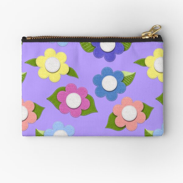 Big Cute Felt Style Flowers with Stitching on Lavender Purple Zipper Pouch