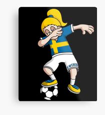 Sweden Football Dabbing Soccer Girl With Soccer Ball And National Flag Jersey Futbol Fan Design Metal Print