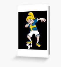 Sweden Football Dabbing Soccer Girl With Soccer Ball And National Flag Jersey Futbol Fan Design Greeting Card
