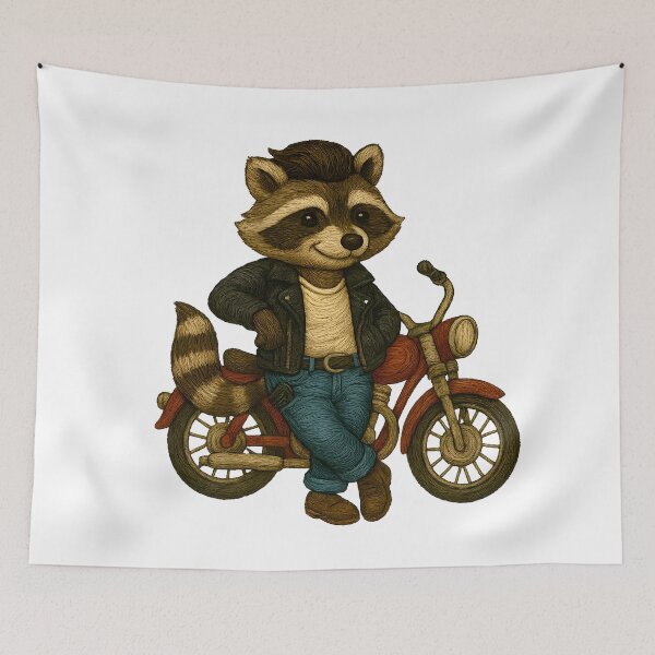 Artikelvorschau, Greaser Waschbär mit Motorrad-Aufnäher im gestickten Stil entworfen und verkauft von #Adulting Central.