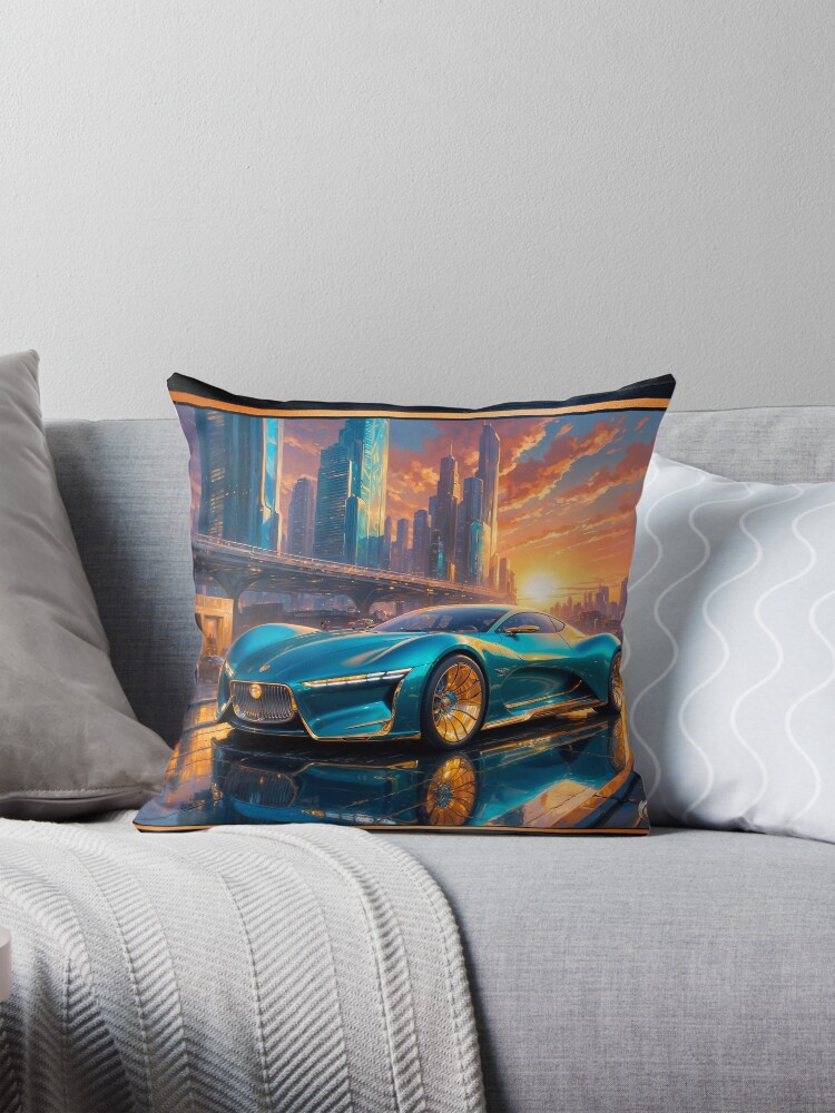 The Sleek Clavan Extreme, Hypercar Against a Golden Urban Horizon Captivating AI Concept Art by Xzendor7 Decorative Art Print Throw Pillow