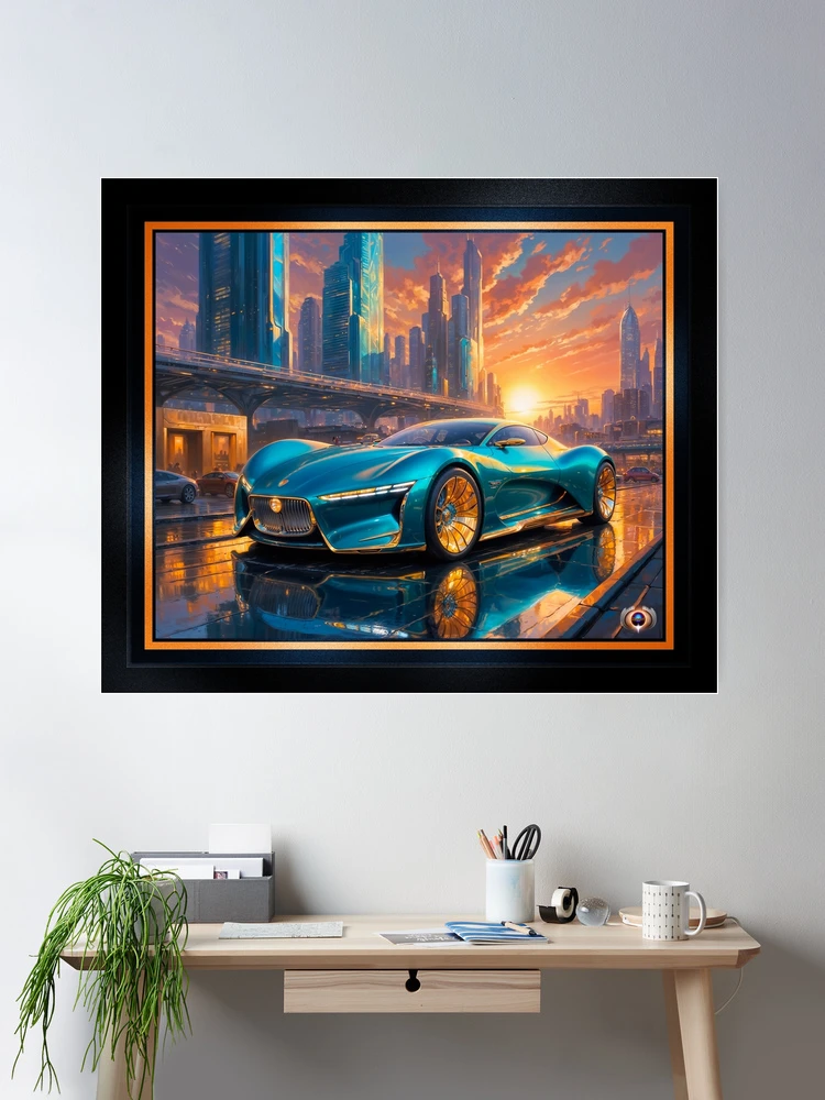The Sleek Clavan Extreme, Hypercar Against a Golden Urban Horizon Captivating AI Concept Art by Xzendor7 Wall Decor Poster Art Print