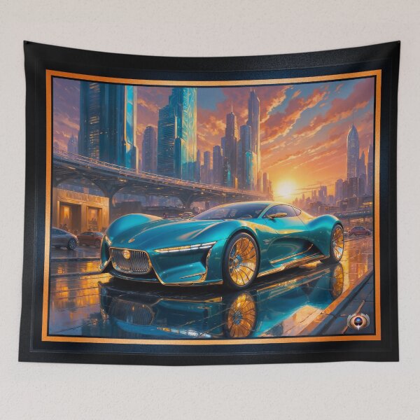 Item preview, The Sleek Clavan Extreme, Hypercar Against a Golden Urban Horizon Captivating AI Concept Art by Xzendor7 designed and sold by Xzendor7 Digital Art Creations.