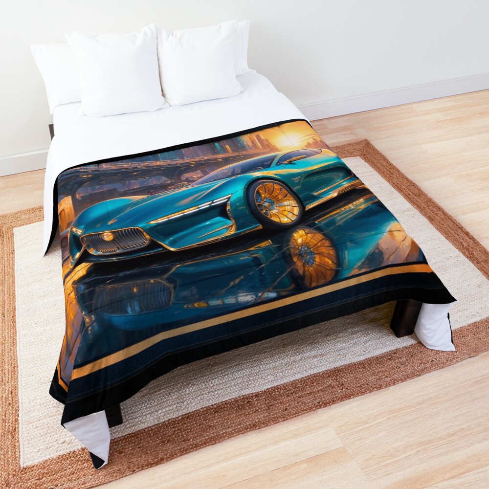 The Sleek Clavan Extreme, Hypercar Against a Golden Urban Horizon Captivating AI Concept Art by Xzendor7 Decorative Art Print Comforter