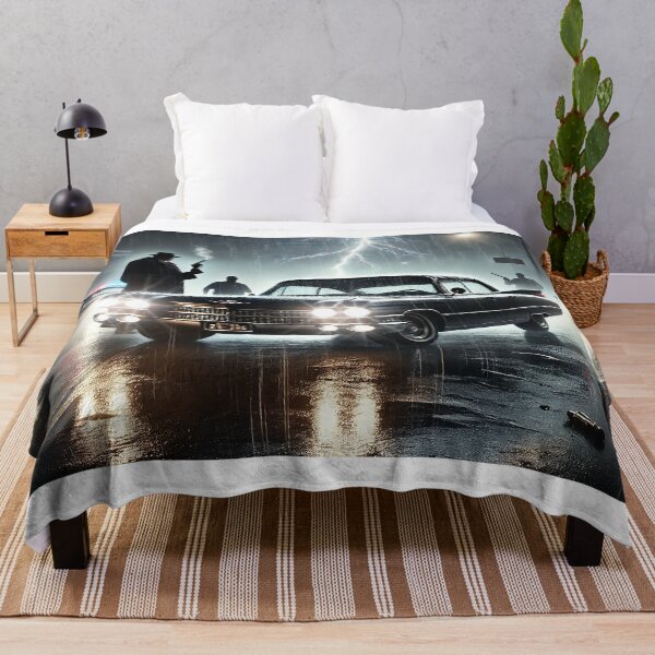 Item preview, Noir Crime Scene Featuring Vintage 1959 Cadillac, Gangsters, and Classic Police Cars in a Rainy Urban Standoff designed and sold by philpace.