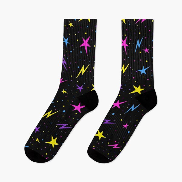 Item preview, Bright neon stars and lightning bolts playfully scattered on deep black background. Stylized space illustration. designed and sold by Irinakurta.