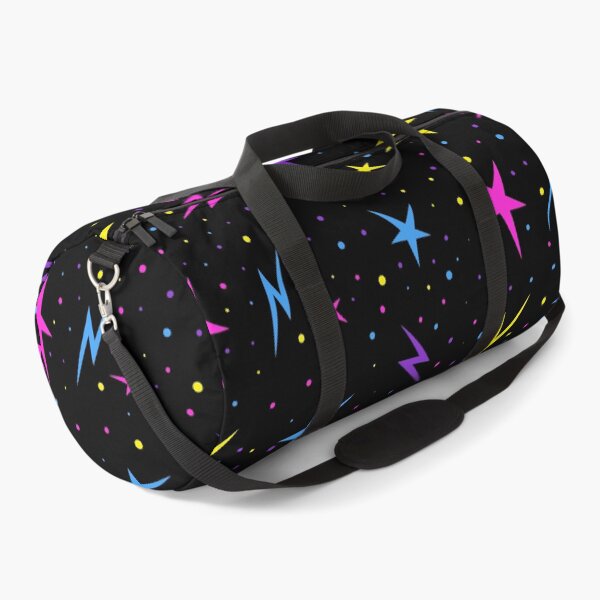 Item preview, Bright neon stars and lightning bolts playfully scattered on deep black background. Stylized space illustration. designed and sold by Irinakurta.