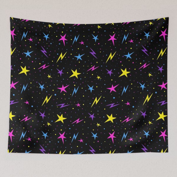Item preview, Bright neon stars and lightning bolts playfully scattered on deep black background. Stylized space illustration. designed and sold by Irinakurta.