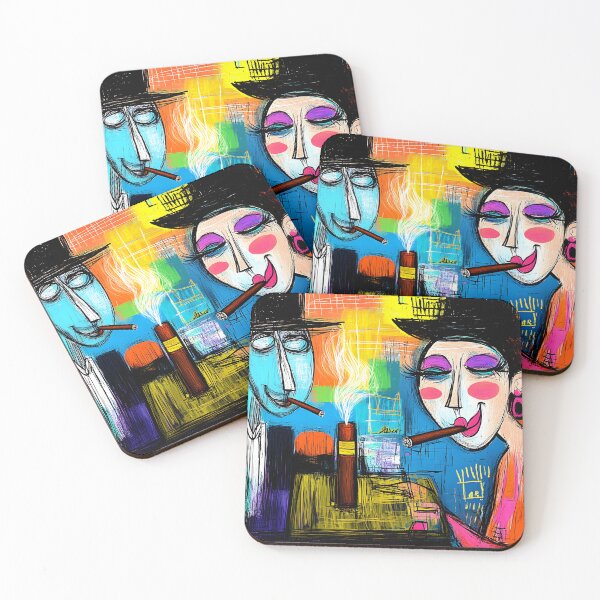 Item preview, Cigar Lounge Comic Vibes: Man and Woman Smoking Cigars - Abstract Geometric Scene with Dynamic Energy designed and sold by OlfactoART Studio.