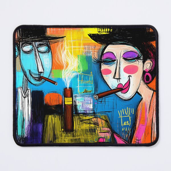 Item preview, Cigar Lounge Comic Vibes: Man and Woman Smoking Cigars - Abstract Geometric Scene with Dynamic Energy designed and sold by OlfactoART Studio.