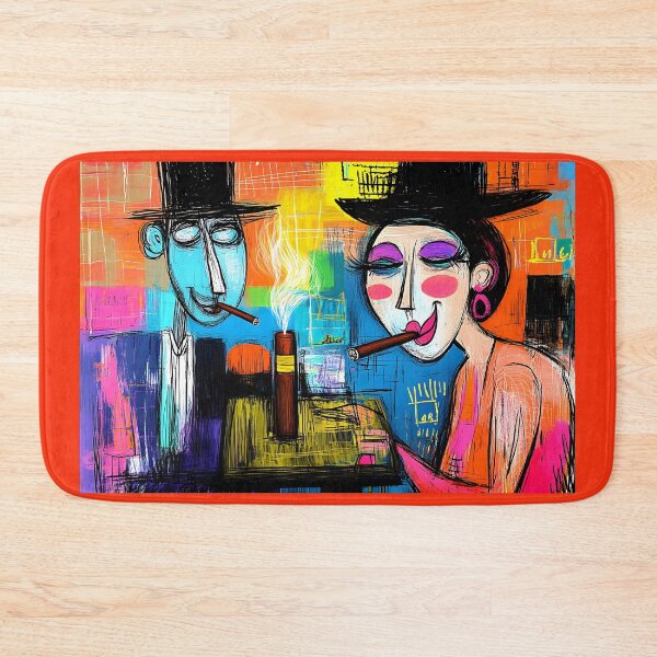 Item preview, Cigar Lounge Comic Vibes: Man and Woman Smoking Cigars - Abstract Geometric Scene with Dynamic Energy designed and sold by OlfactoART Studio.