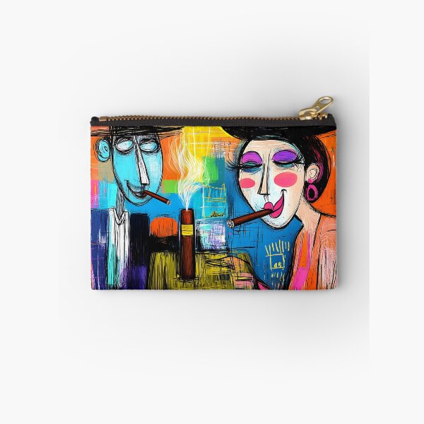 Item preview, Cigar Lounge Comic Vibes: Man and Woman Smoking Cigars - Abstract Geometric Scene with Dynamic Energy designed and sold by OlfactoART Studio.