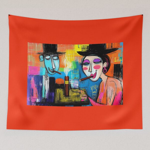 Item preview, Cigar Lounge Comic Vibes: Man and Woman Smoking Cigars - Abstract Geometric Scene with Dynamic Energy designed and sold by OlfactoART Studio.