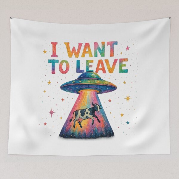 Item preview, I Want to Leave – Rainbow UFO Alien Abduction Cow Art designed and sold by digitalsunART.