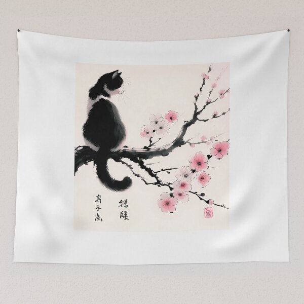Item preview, Cherry Blossom Cat Japanese Art Ink Painting Kitten Lover designed and sold by Kimberley King Art  King Art.