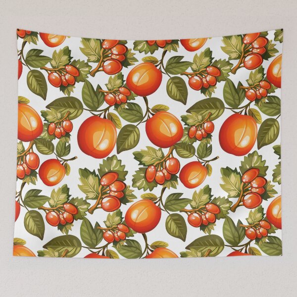 Item preview, Seamless Pattern with Cartoon Persimmons and Leaves  Hand-Drawn Persimmons with Leaves on White Background  Bright Orange Persimmons Seamless Fruit Pattern designed and sold by Anastasiia Yurevych.