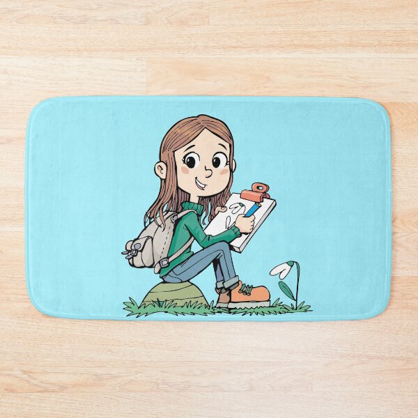 Item preview, girl on a mountain hike sits on a rock and draws a flower designed and sold by duxpavlic.