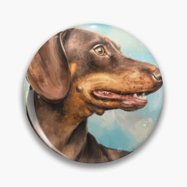 Item preview, Painting of a Brown Dachshund Dog Looking to the Right on Blue Cloudy background designed and sold by ibadishi.