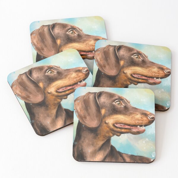 Item preview, Painting of a Brown Dachshund Dog Looking to the Right on Blue Cloudy background designed and sold by ibadishi.