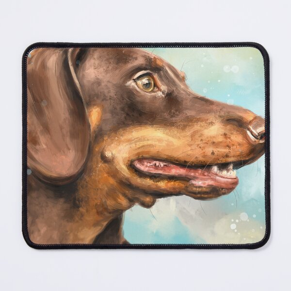 Item preview, Painting of a Brown Dachshund Dog Looking to the Right on Blue Cloudy background designed and sold by ibadishi.