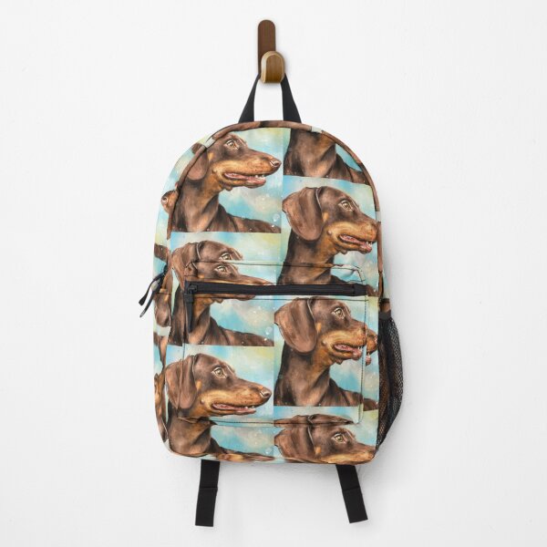 Item preview, Painting of a Brown Dachshund Dog Looking to the Right on Blue Cloudy background designed and sold by ibadishi.