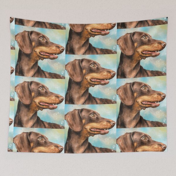 Item preview, Painting of a Brown Dachshund Dog Looking to the Right on Blue Cloudy background designed and sold by ibadishi.