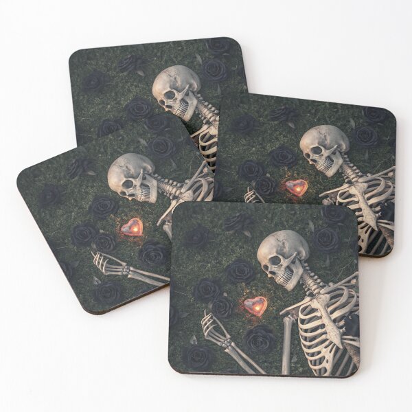 Item preview, A skeleton lies in a field of black roses with a glowing heart designed and sold by KotVandal.