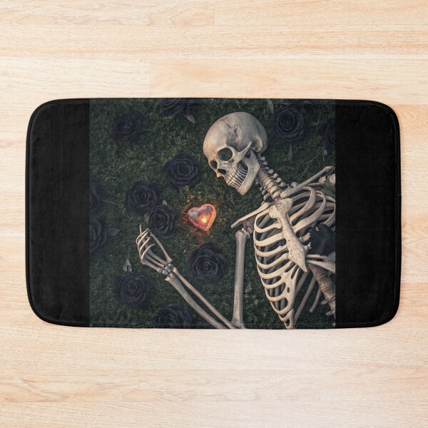 Item preview, A skeleton lies in a field of black roses with a glowing heart designed and sold by KotVandal.