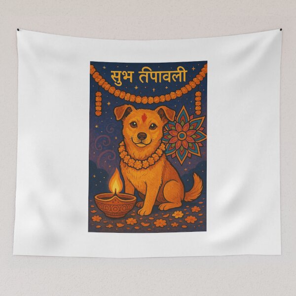 Item preview, Tihar Festival Dog with Marigold Garland and Oil Lamp designed and sold by Places On Earth.
