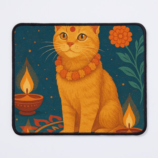 Item preview, Tihar Festival Cat Diwali with Marigold Garland and Oil Lamp designed and sold by Places On Earth.
